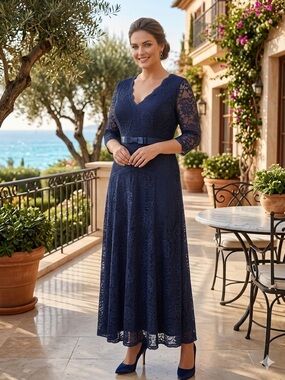 Miusol Navy Lace V-Neck Maxi Dress with Satin Belt